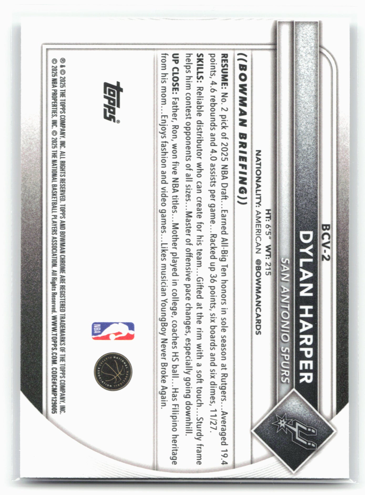 2025-26 Bowman #BCV-2 Dylan Harper Chrome