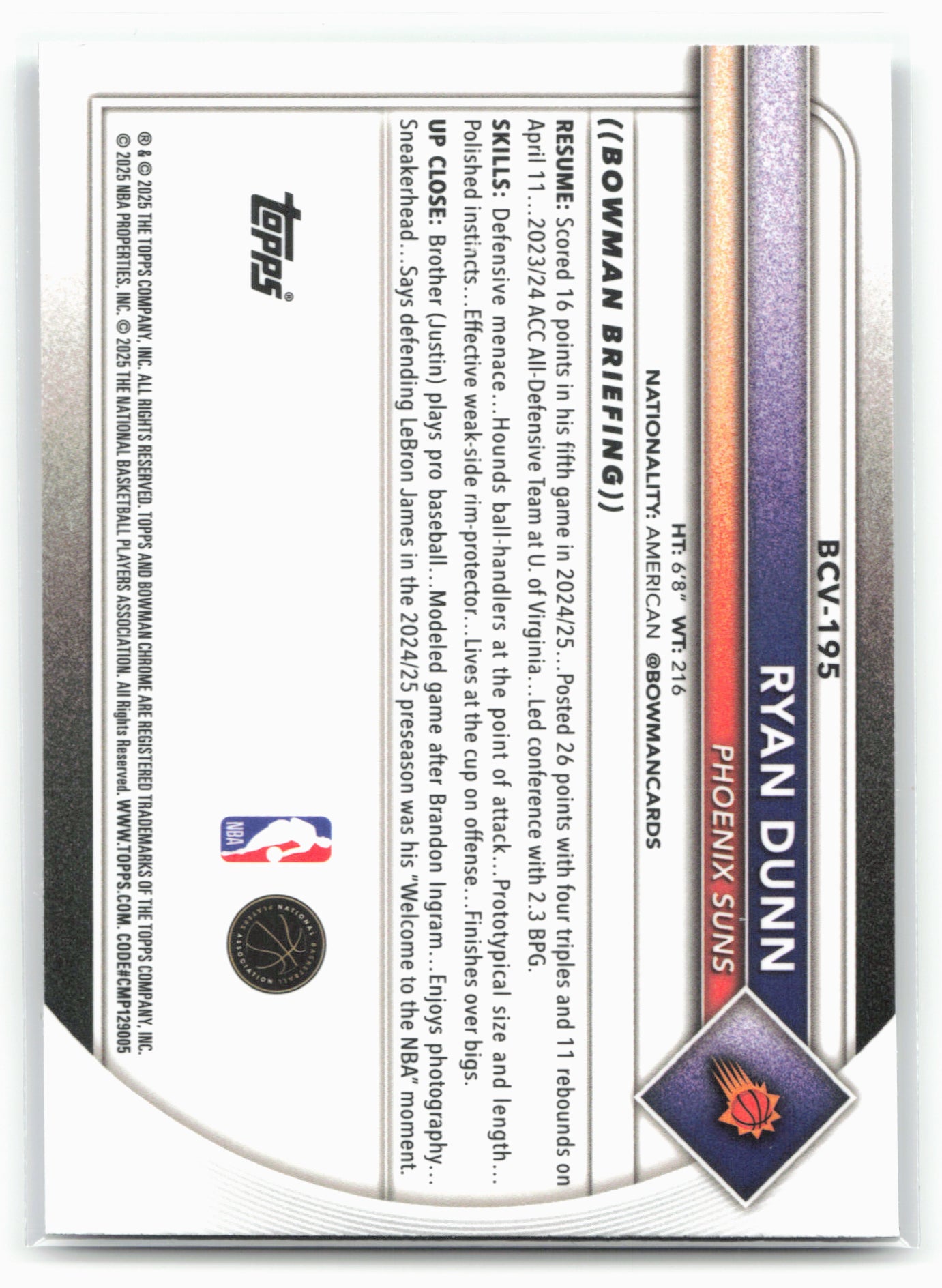 2025-26 Bowman #BCV-195 Ryan Dunn Chrome