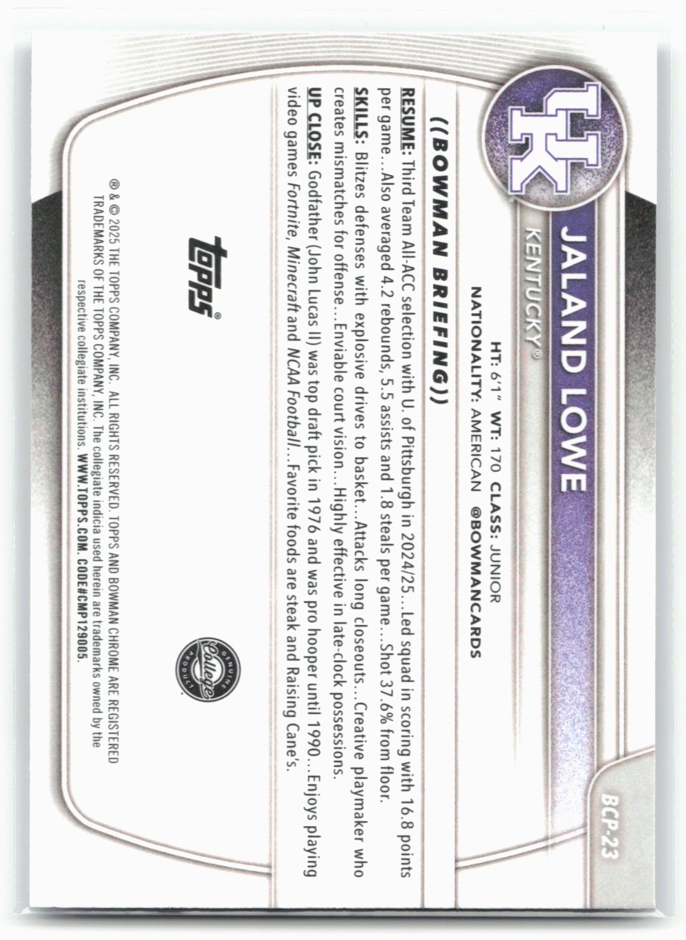 2025-26 Bowman #BCP-23 Jaland Lowe Chrome Prospects