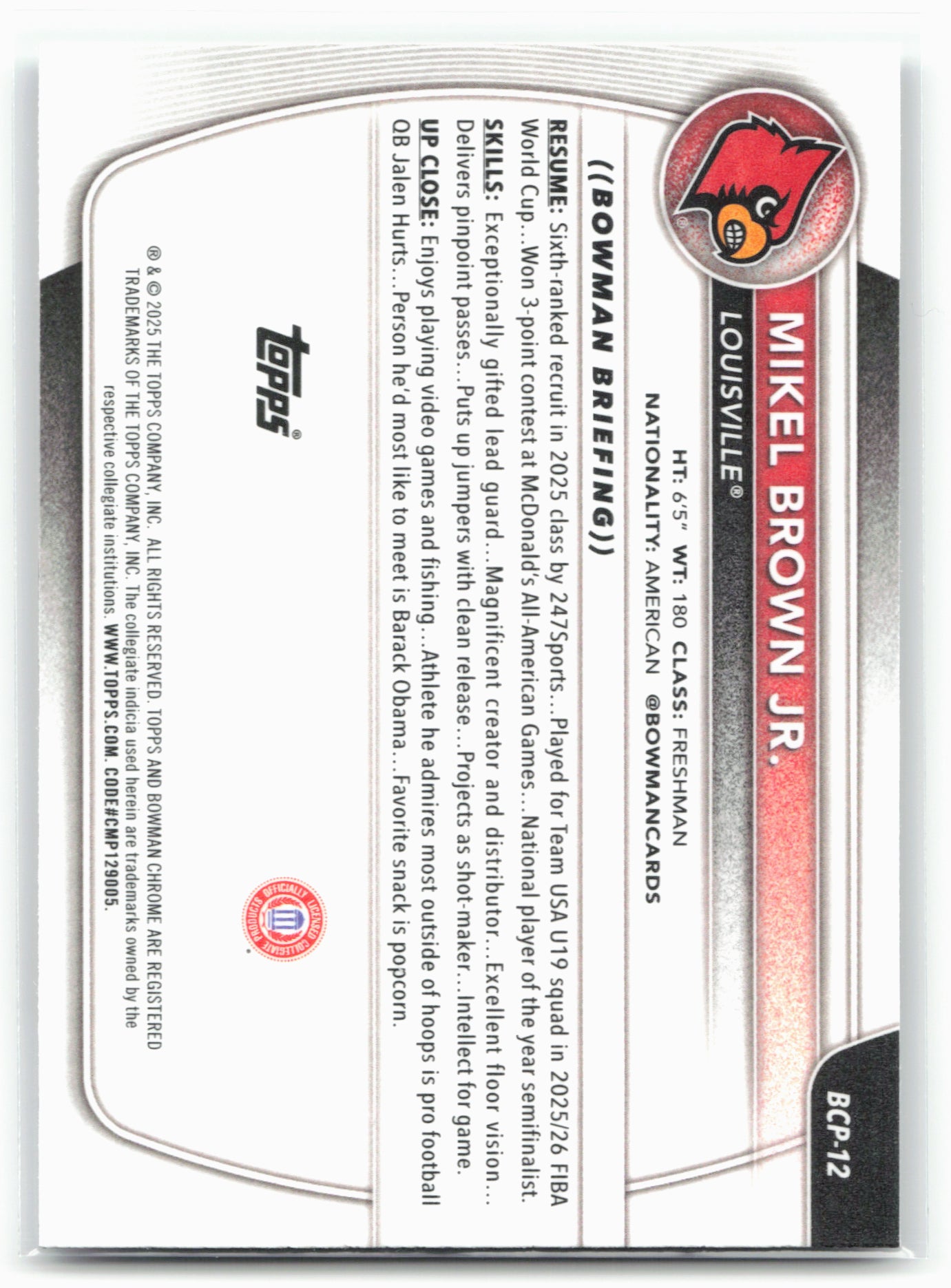 2025-26 Bowman #BCP-12 Mikel Brown Jr. Chrome Prospects
