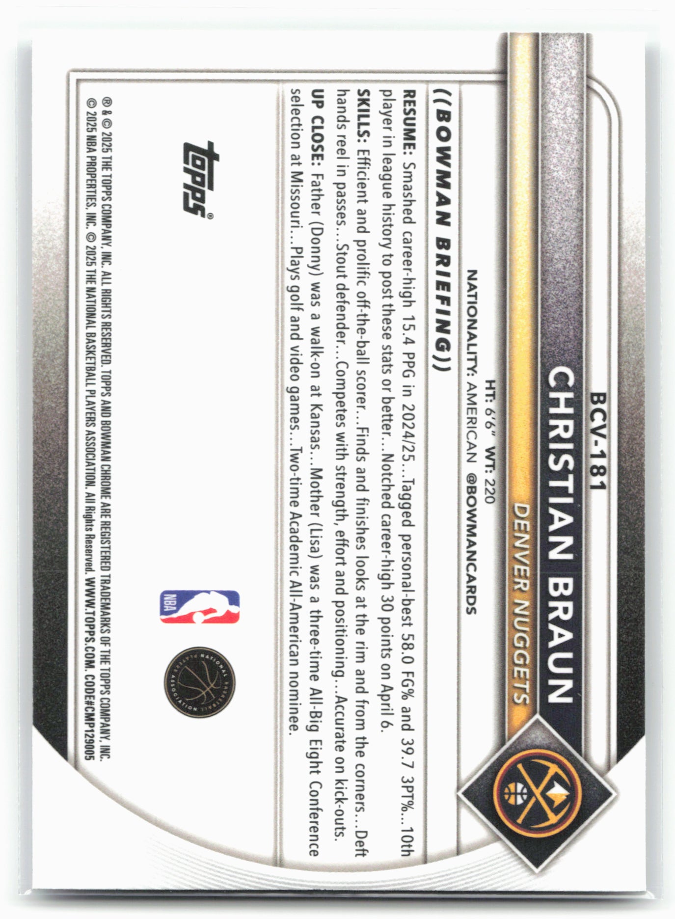 2025-26 Bowman #BCV-181 Christian Braun Chrome