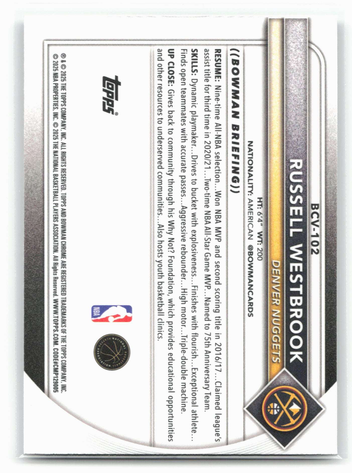 2025-26 Bowman #BCV-102 Russell Westbrook Chrome