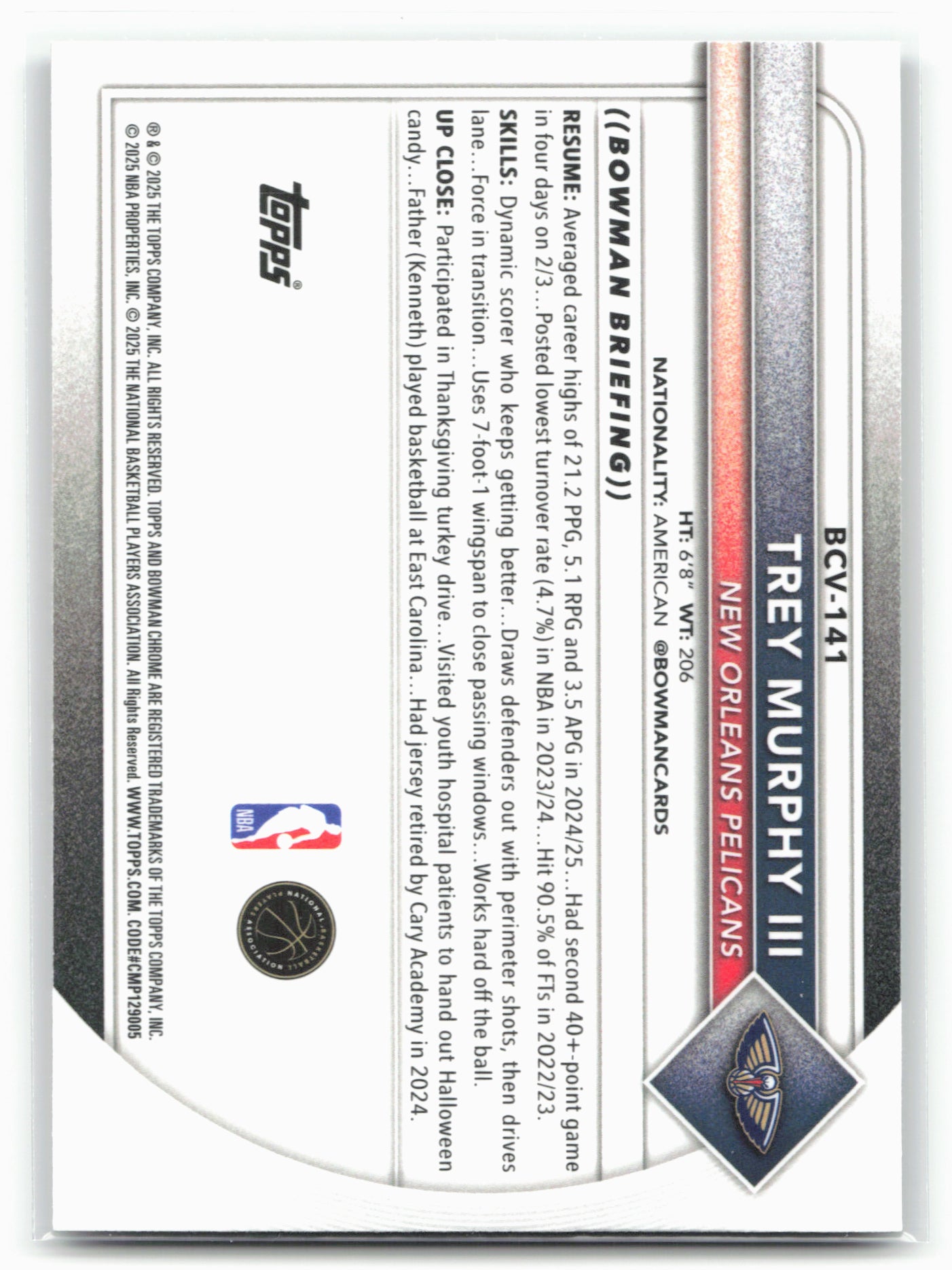 2025-26 Bowman #BCV-141 Trey Murphy III Chrome Reptilian Refractor