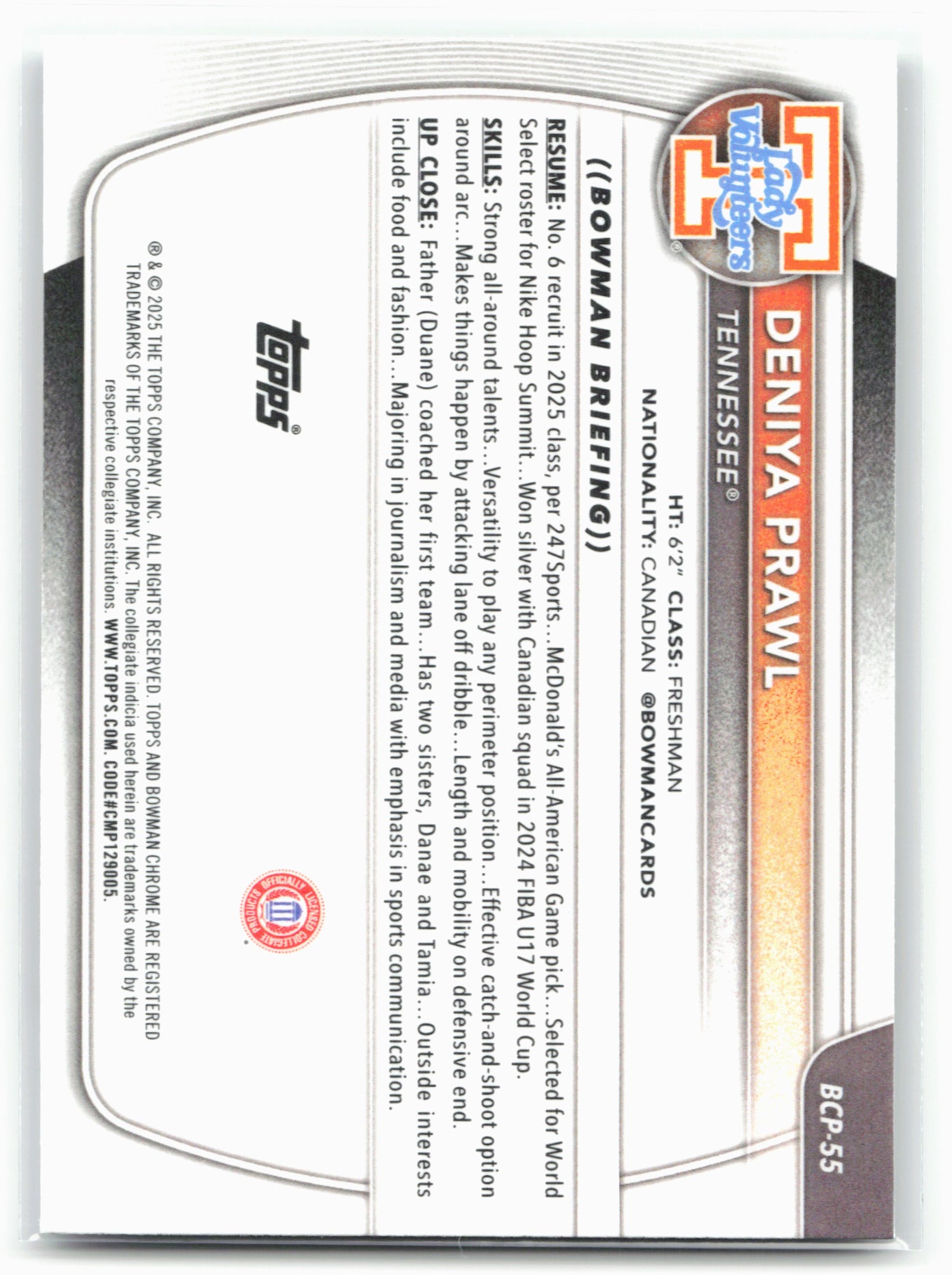 2025-26 Bowman #BCP-55 Deniya Prawl Chrome Prospects