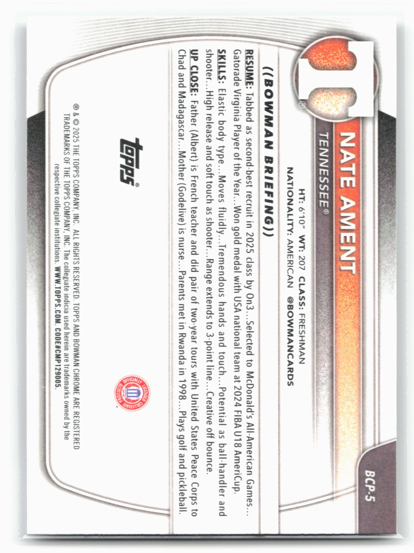 2025-26 Bowman #BCP-5 Nate Ament Chrome Prospects