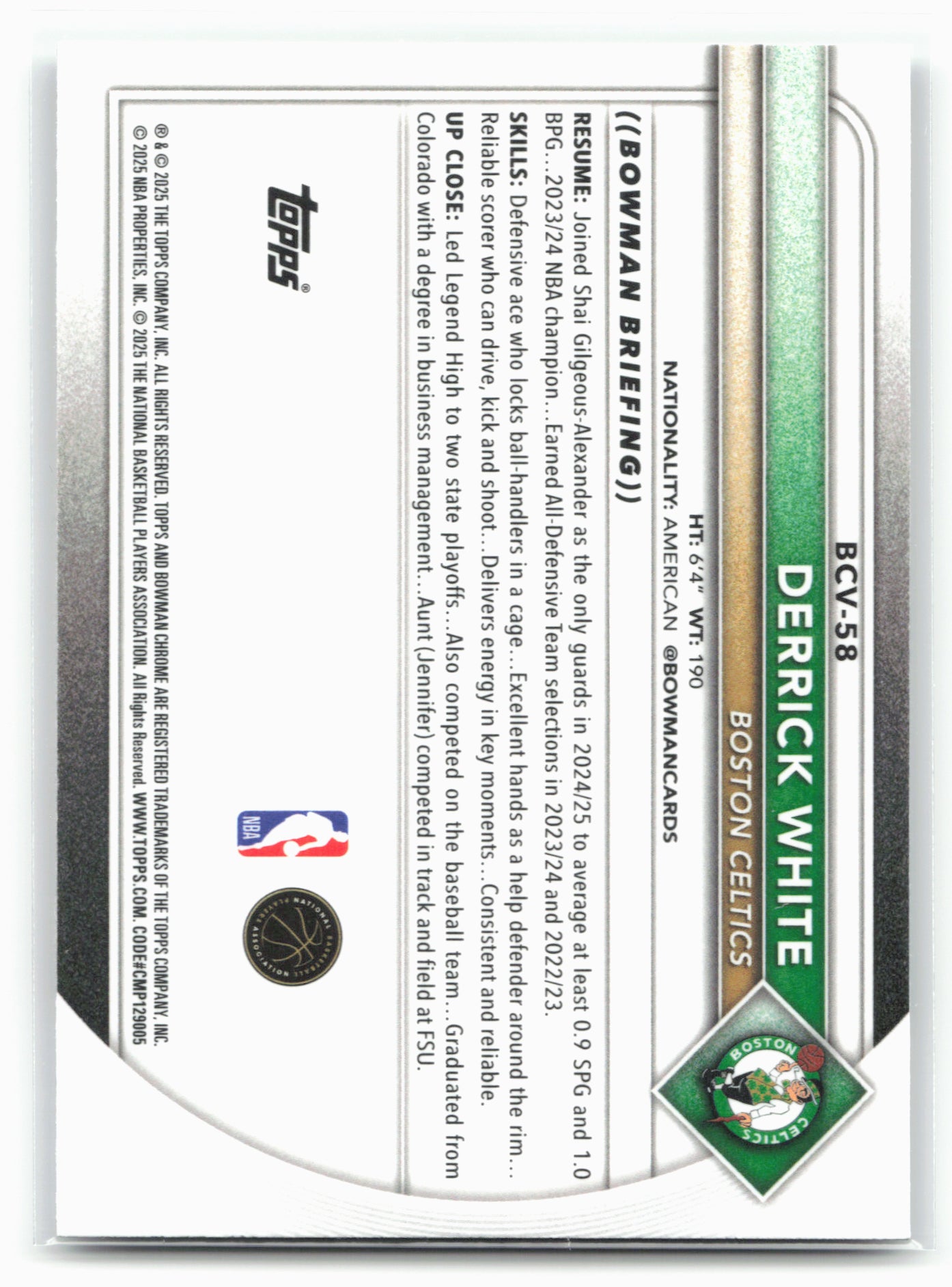 2025-26 Bowman #BCV-58 Derrick White Chrome