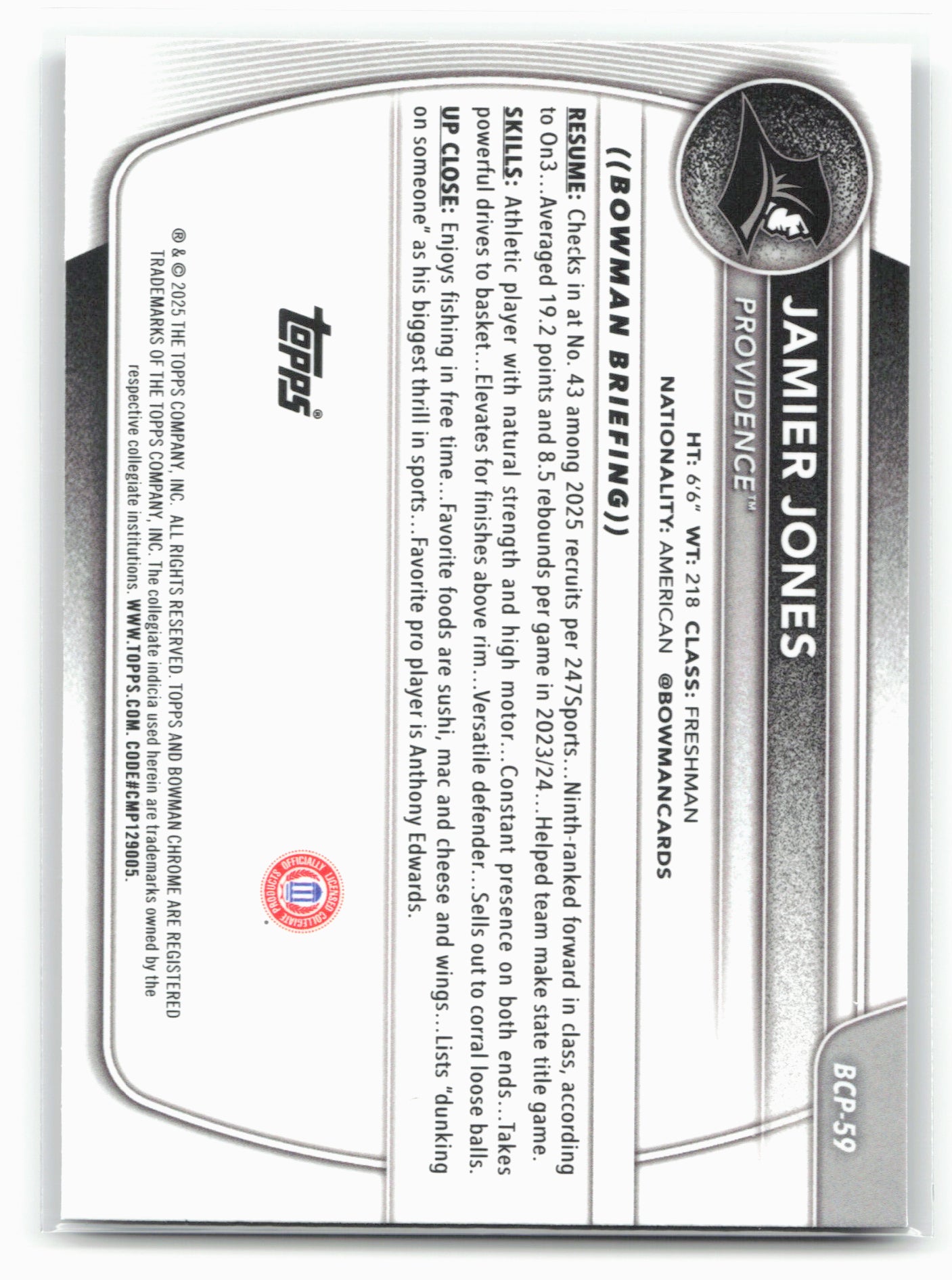 2025-26 Bowman #BCP-59 Jamier Jones Chrome Prospects Reptilian Refractor