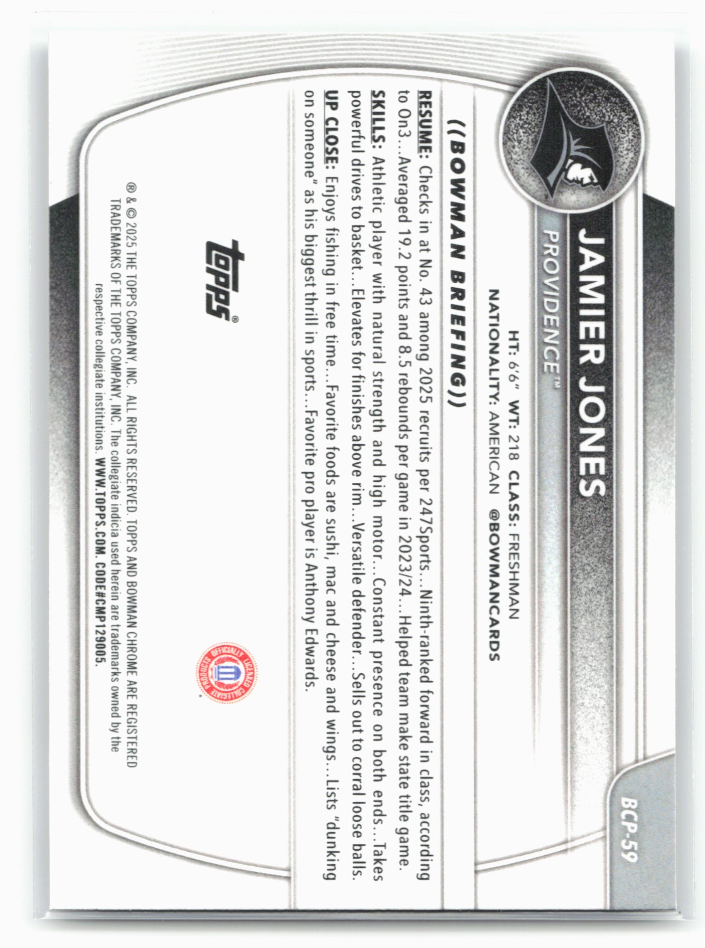 2025-26 Bowman #BCP-59 Jamier Jones Chrome Prospects