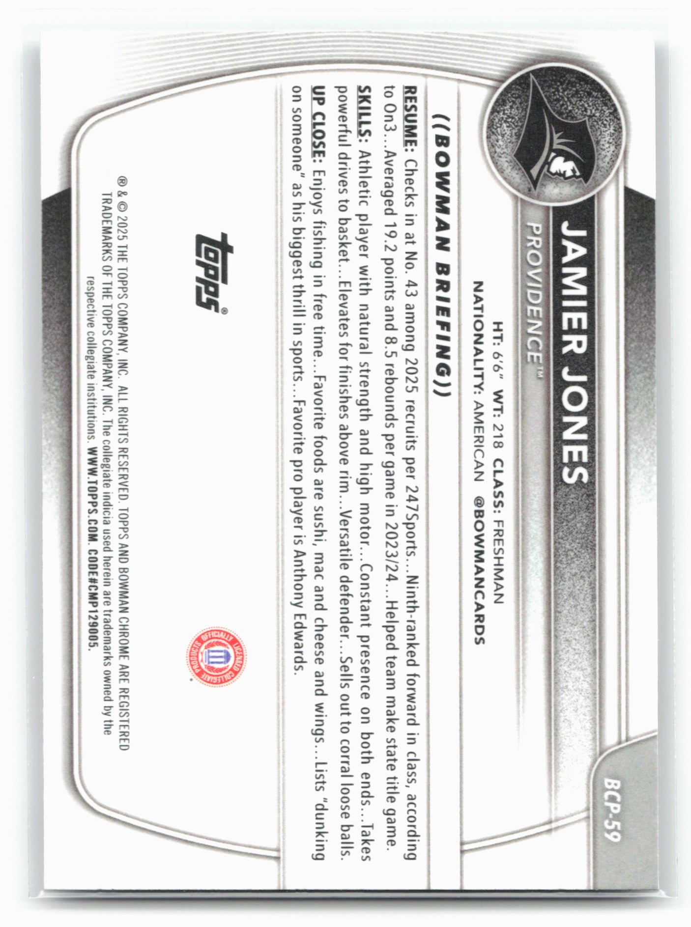 2025-26 Bowman #BCP-59 Jamier Jones Chrome Prospects 28143