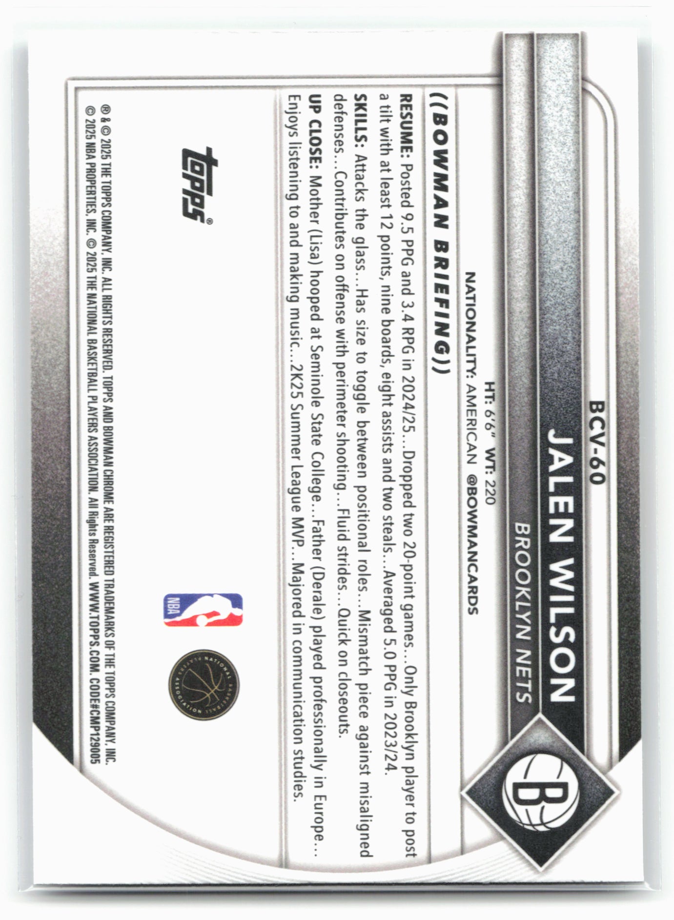 2025-26 Bowman #BCV-60 Jalen Wilson Chrome