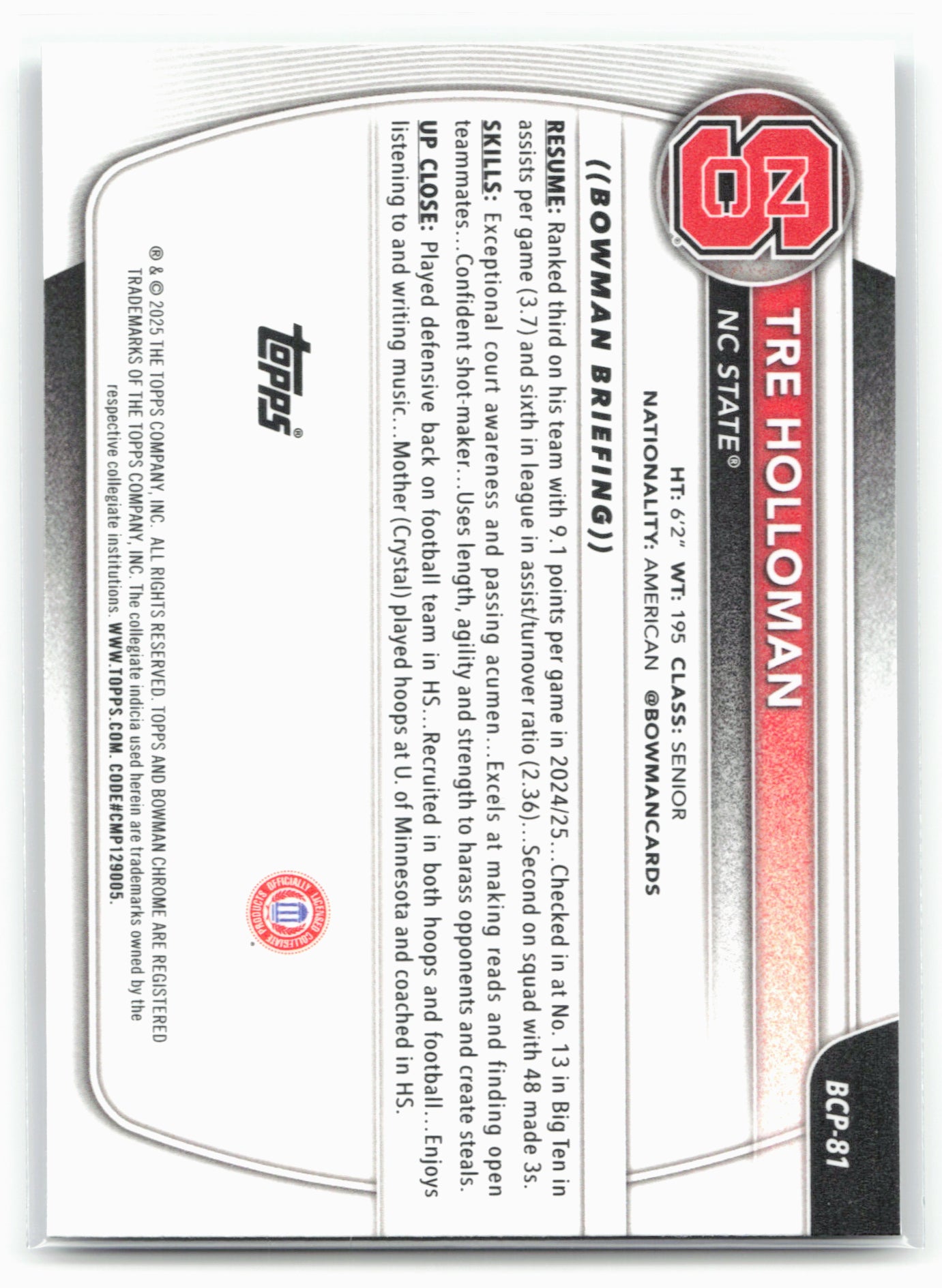 2025-26 Bowman #BCP-81 Tre Holloman Chrome Prospects