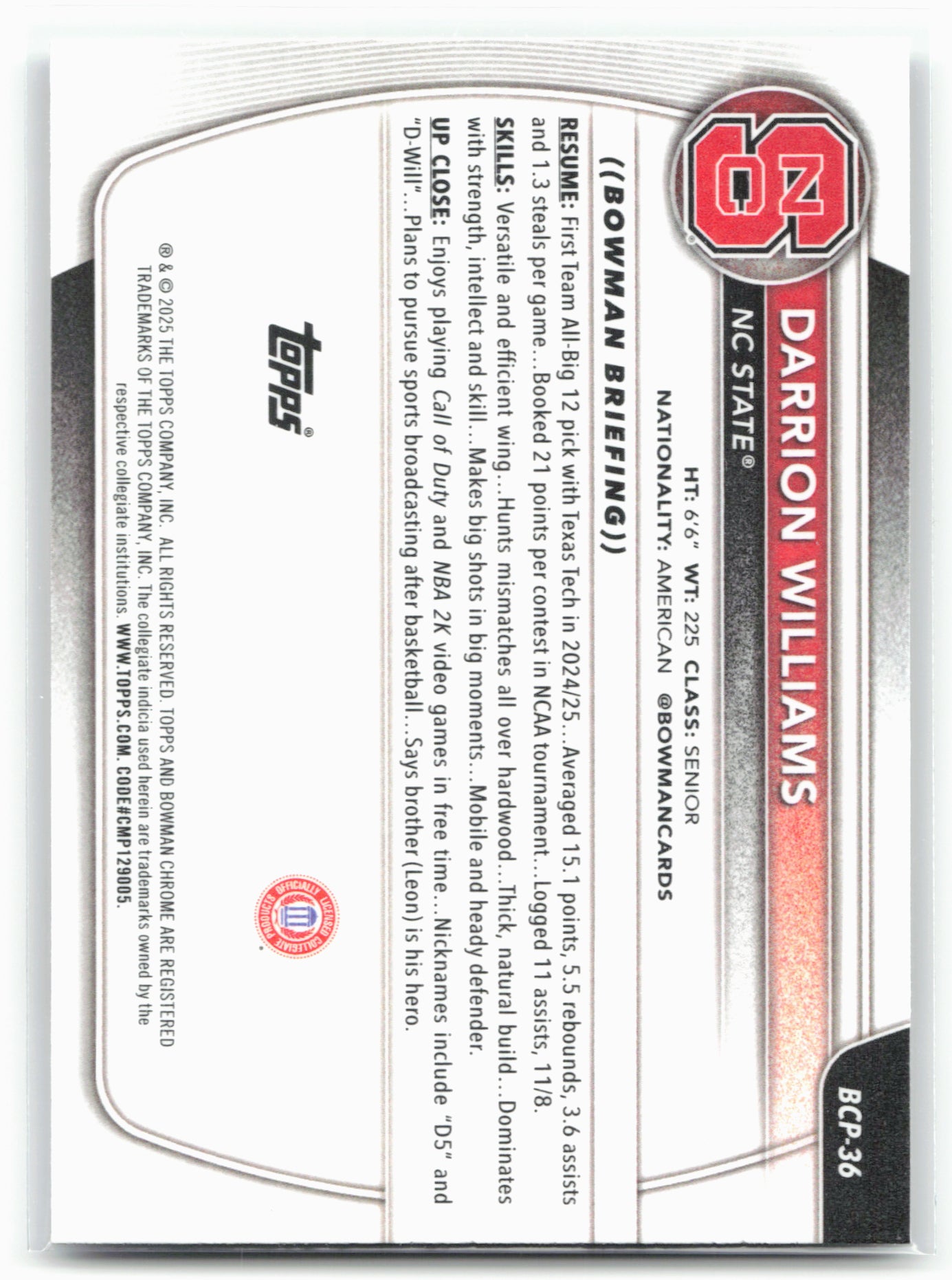 2025-26 Bowman #BCP-36 Darrion Williams Chrome Prospects