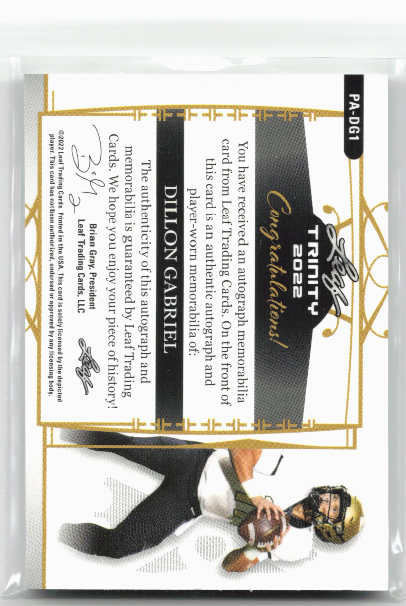 2022 Leaf Trinity #PA-DG1 Dillon Gabriel Player Worn Patch Auto Silver