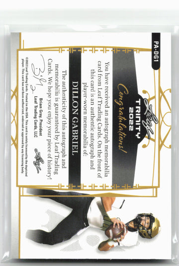 
2022 Leaf Trinity #PA-DG1 Dillon Gabriel Player Worn Patch Auto Silver