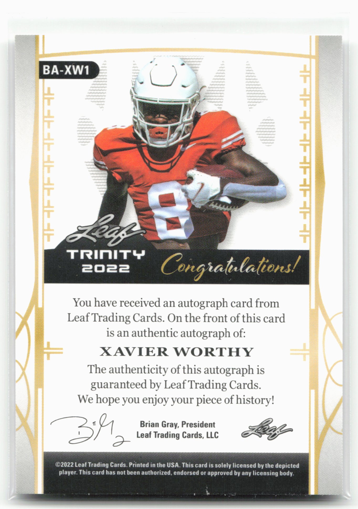 2022 Leaf Trinity #BA-XW1 Xavier Worthy Gold #/75