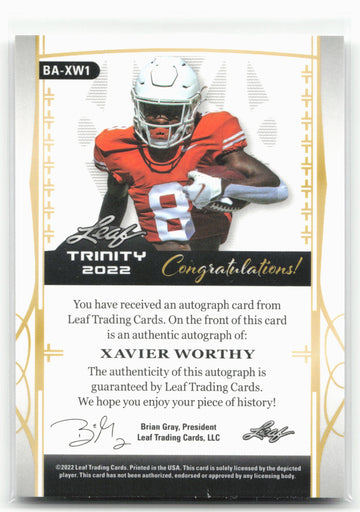 
2022 Leaf Trinity #BA-XW1 Xavier Worthy Gold #/75