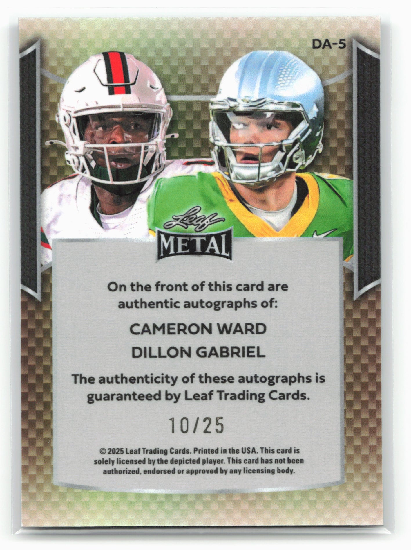2025 Leaf Metal #DA-5 Cam Ward / Dillon Gabriel Dual Auto Prismatic Silver #/25
