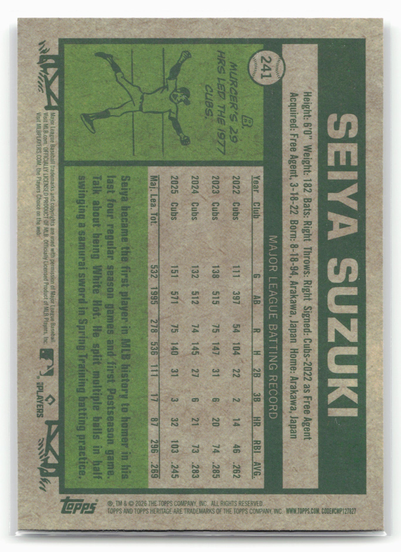 2026 Topps Heritage #241 Seiya Suzuki Chrome