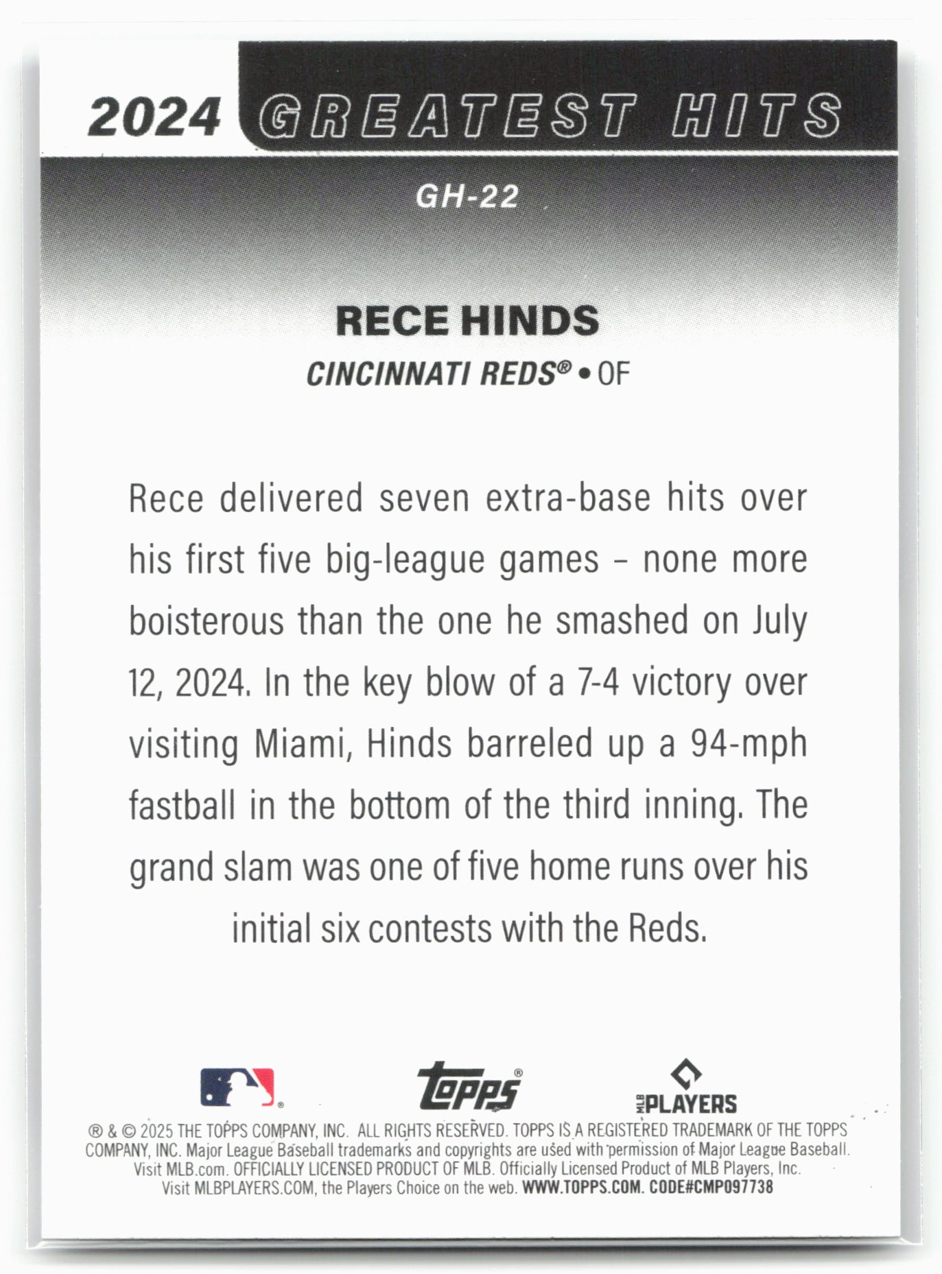 2025 Topps #GH-22 Rece Hinds 2024 Greatest Hits