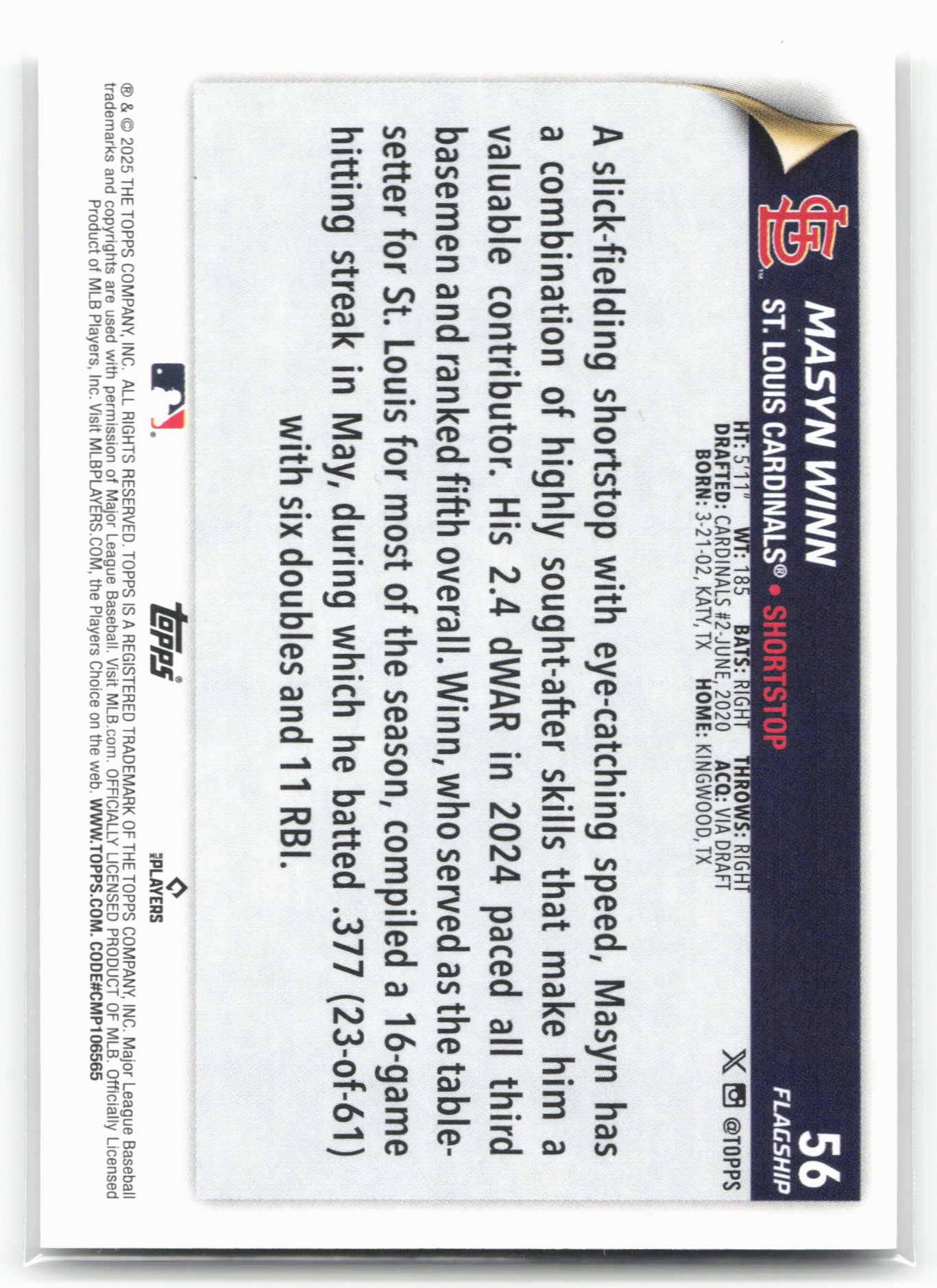 2025 Topps #56 Masyn Winn Flagship Collection (Series One)