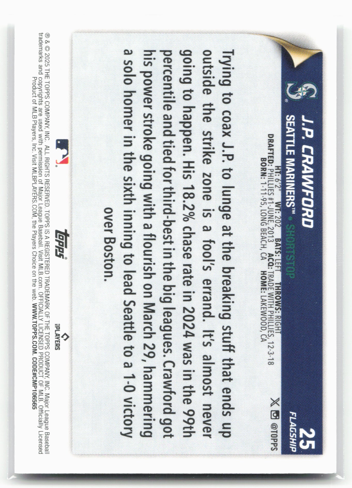 2025 Topps #25 J.P. Crawford Flagship Collection (Series One)