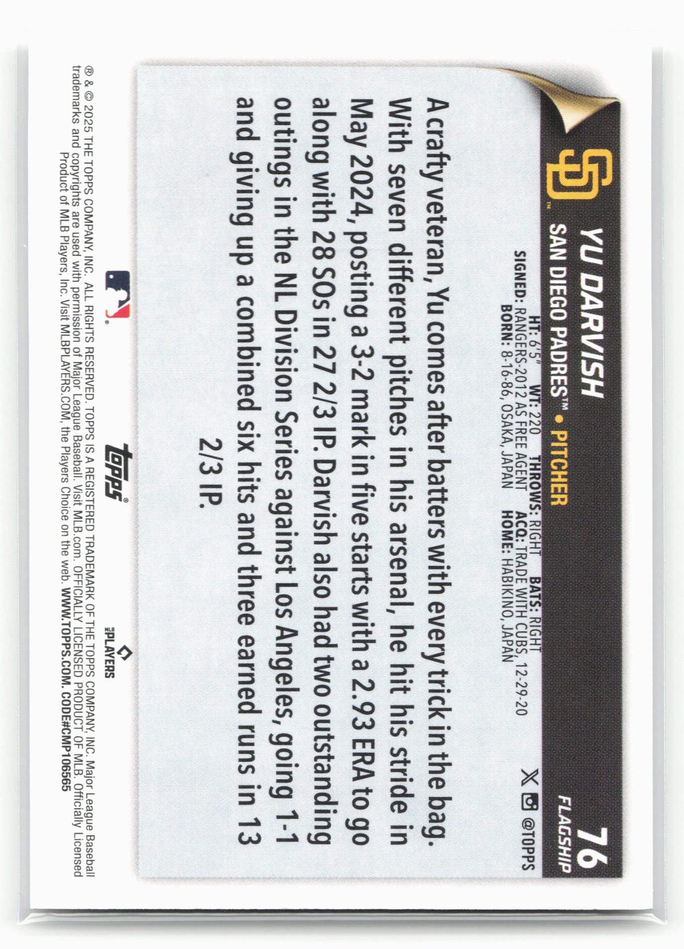 2025 Topps #76 Yu Darvish Flagship Collection (Series One)