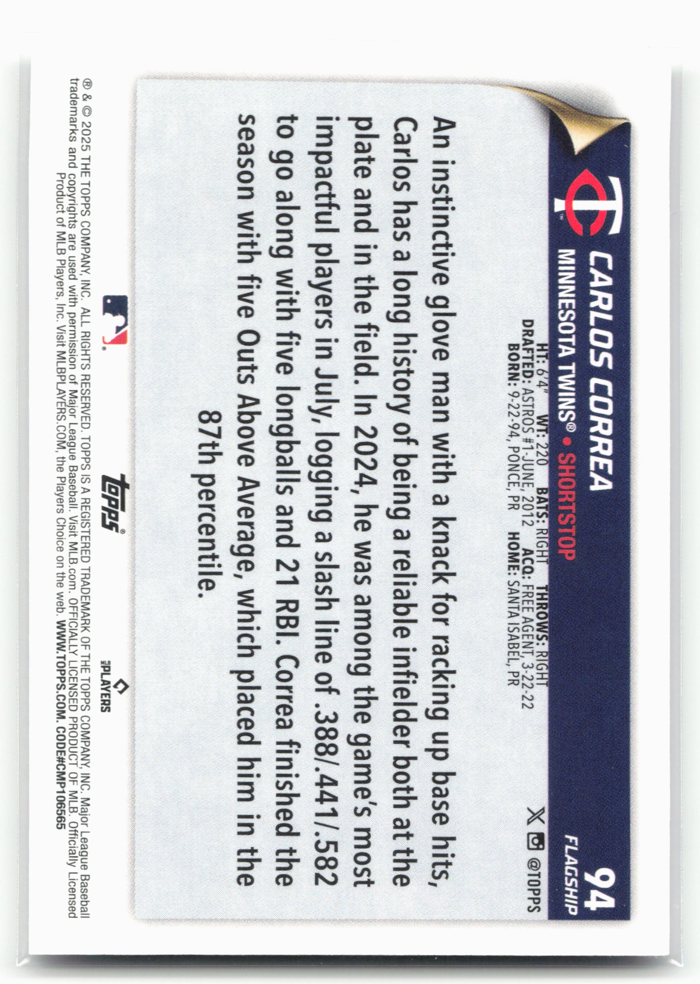 2025 Topps #94 Carlos Correa Flagship Collection (Series One)