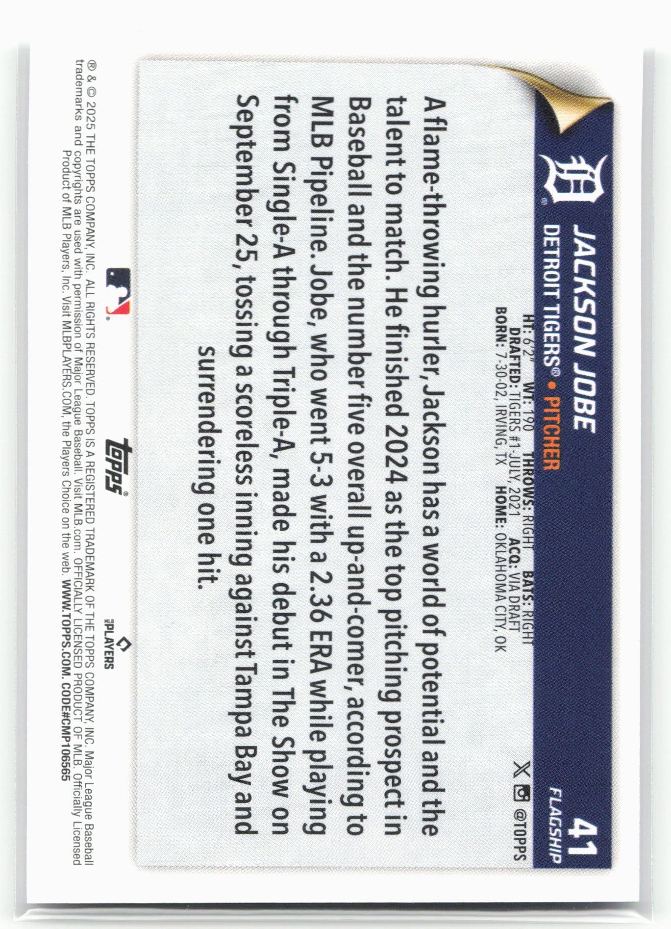 2025 Topps #41 Jackson Jobe Flagship Collection (Series One)