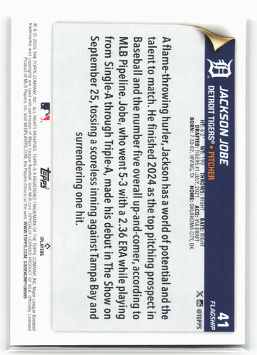 
2025 Topps #41 Jackson Jobe Flagship Collection (Series One)