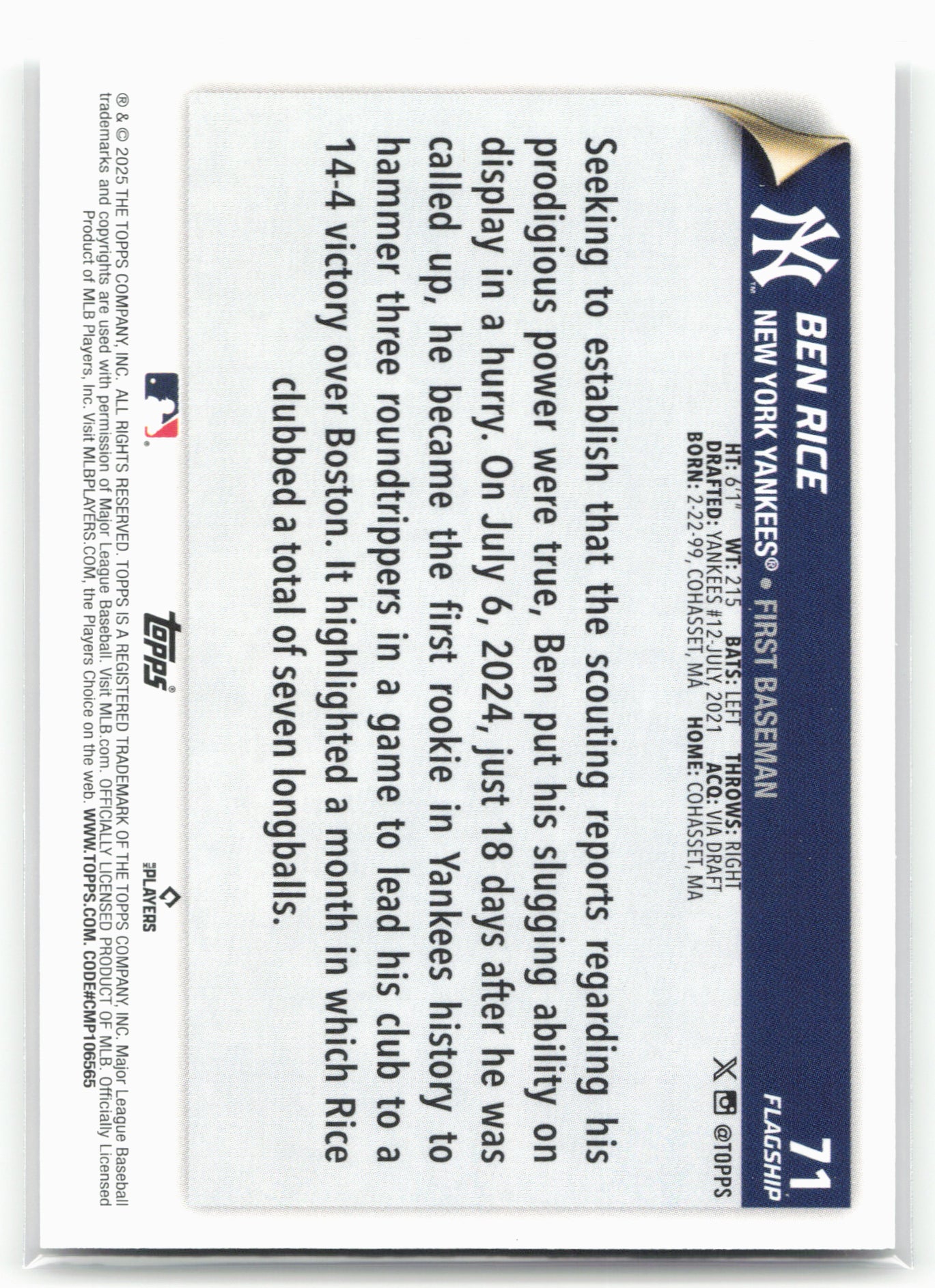 2025 Topps #71 Ben Rice Flagship Collection (Series One)