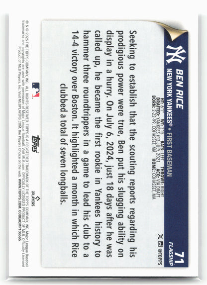 2025 Topps #71 Ben Rice Flagship Collection (Series One)