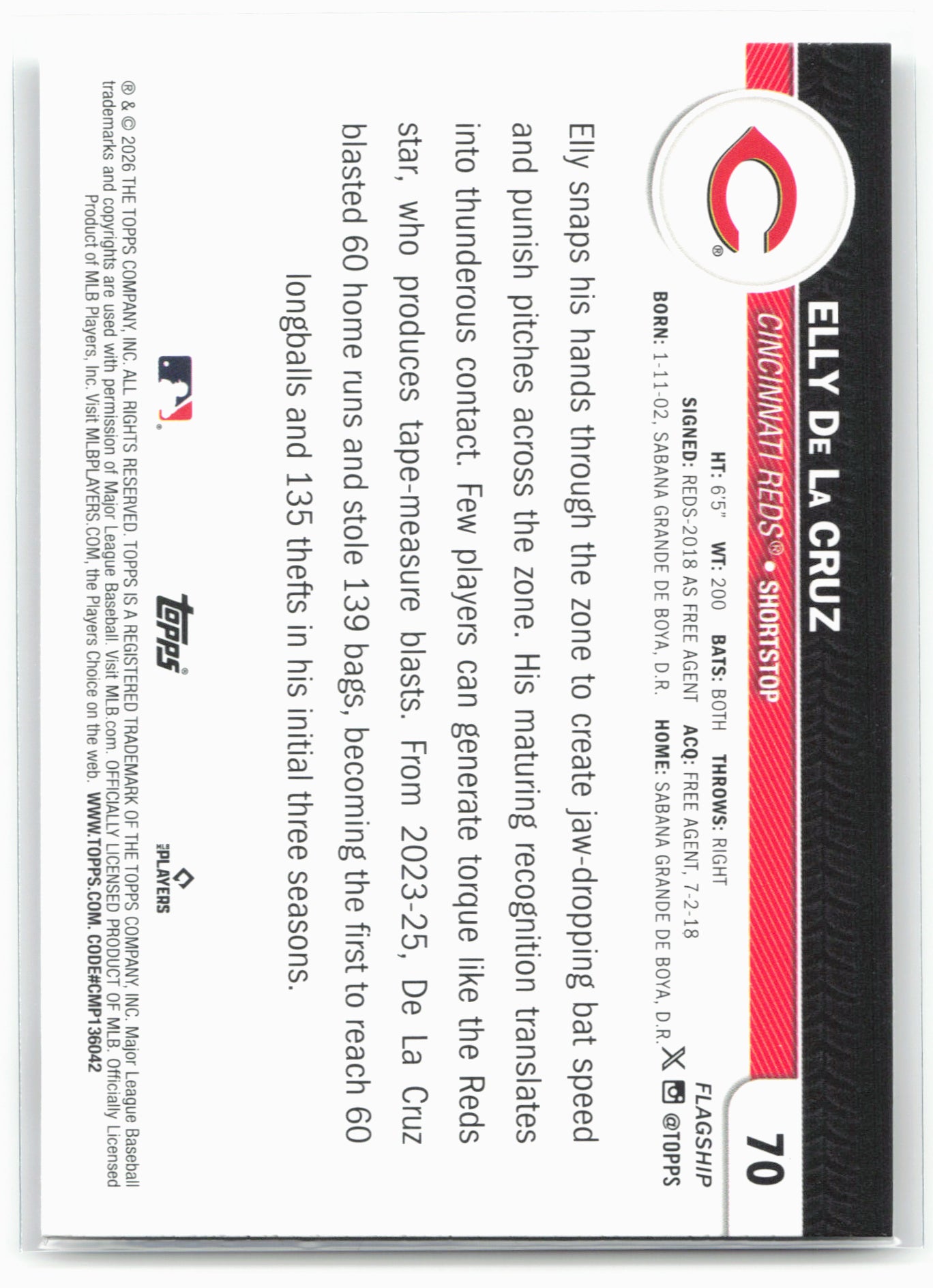 2026 Topps #70 Elly De La Cruz Flagship Collection