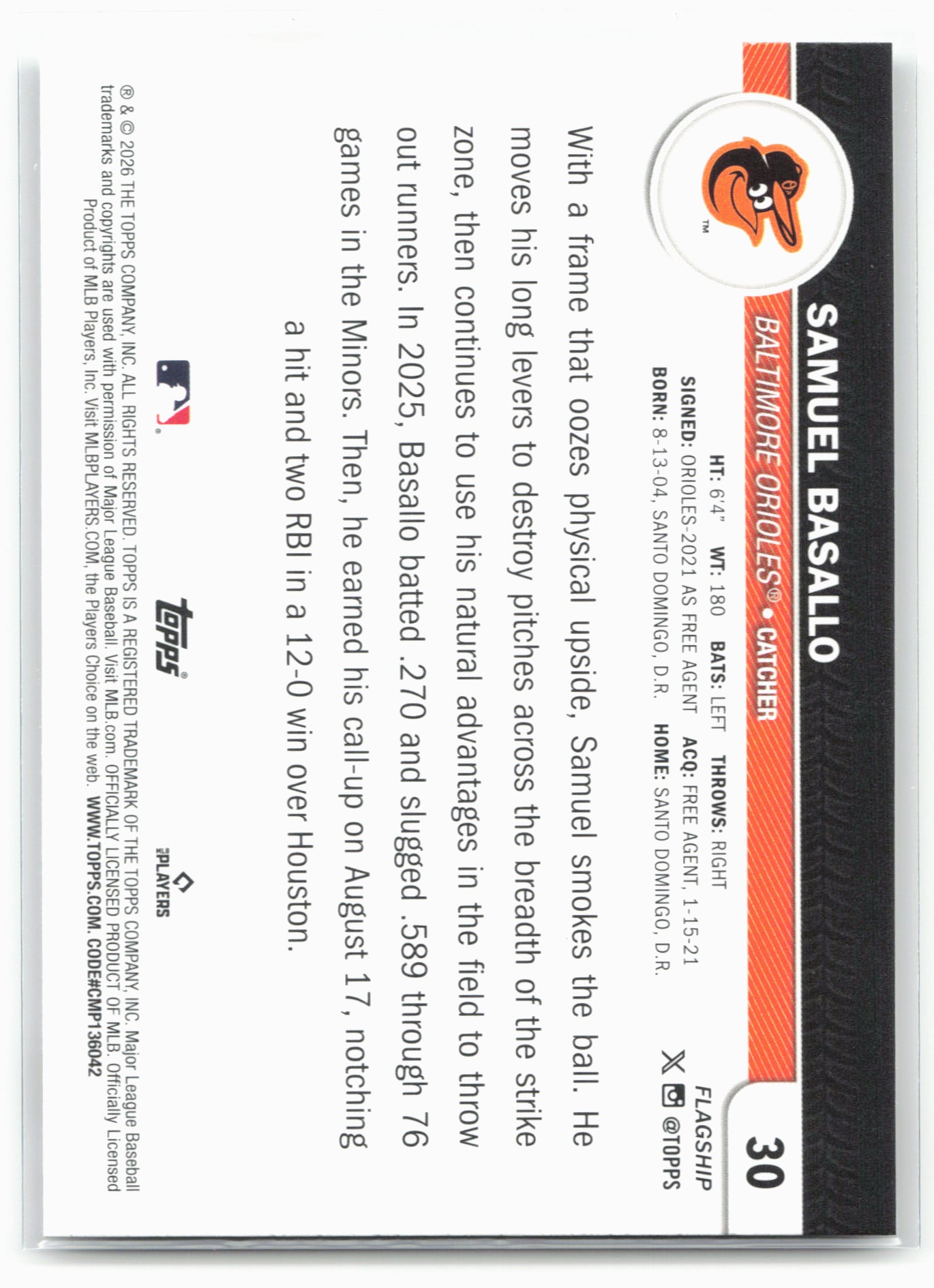 2026 Topps #30 Samuel Basallo Flagship Collection