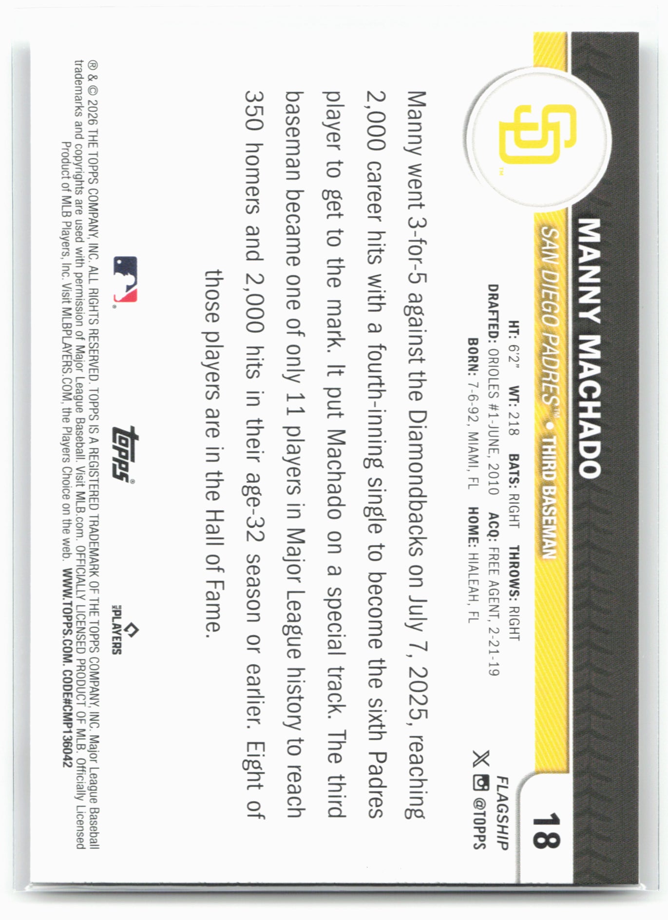 2026 Topps #18 Manny Machado Flagship Collection