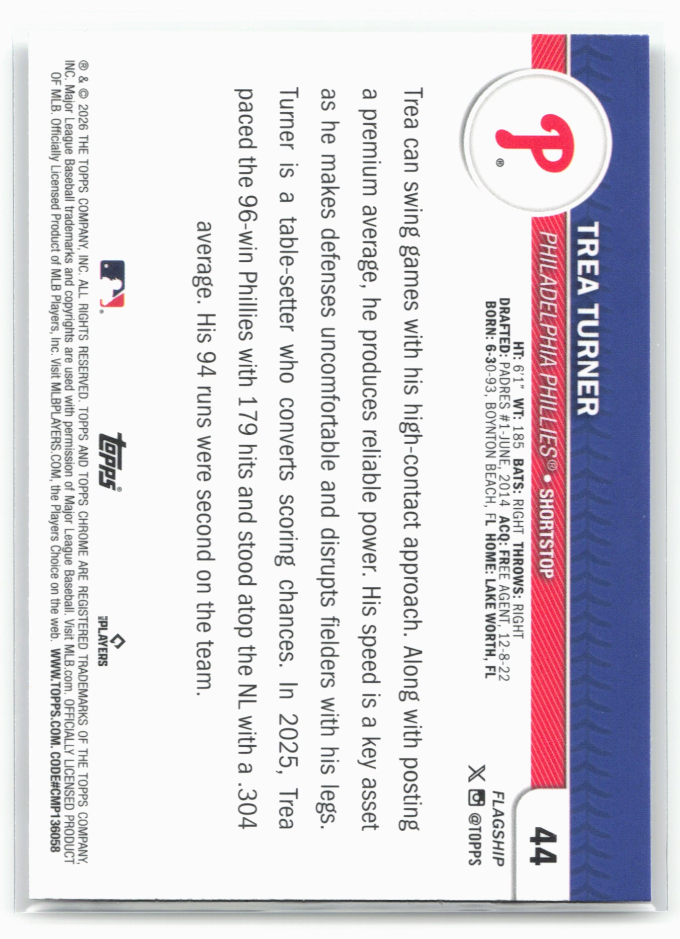 2026 Topps #44 Trea Turner Flagship Collection Chrome