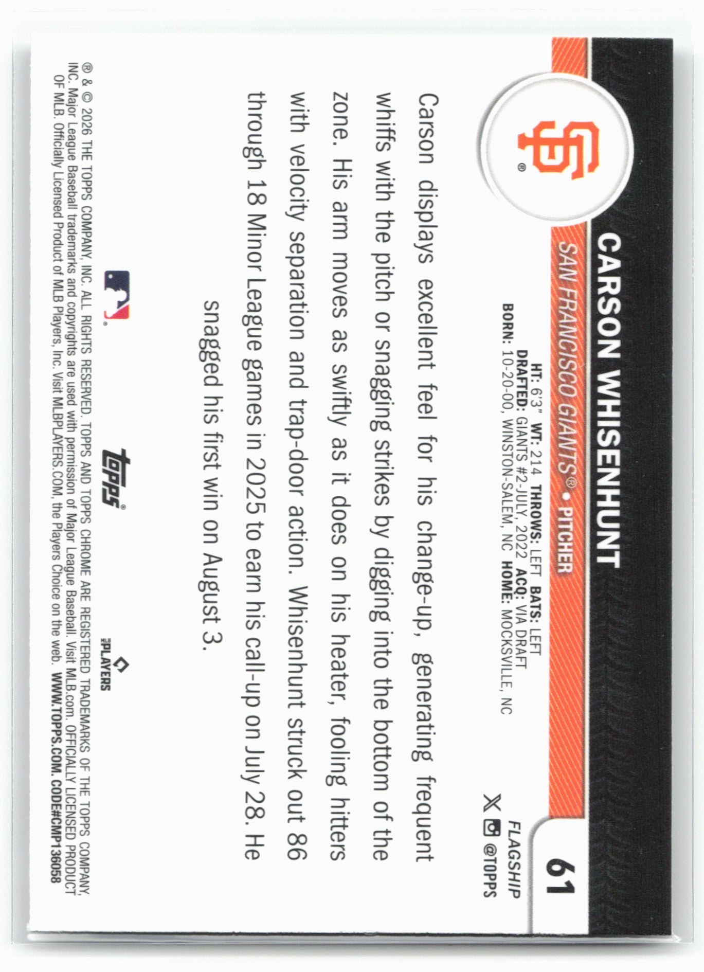 2026 Topps #61 Carson Whisenhunt Flagship Collection Chrome