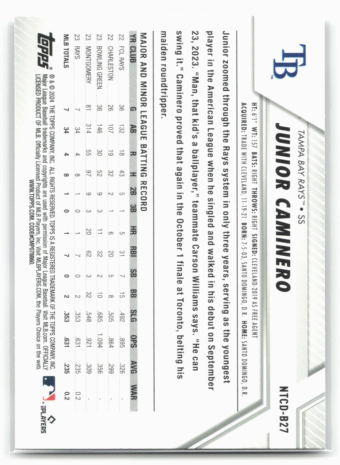 2024 Topps Trading Card Day #NTCD-B27 Junior Caminero