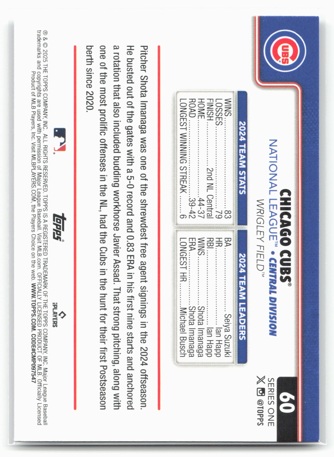 2025 Topps #60 Chicago Cubs Rainbow Foil