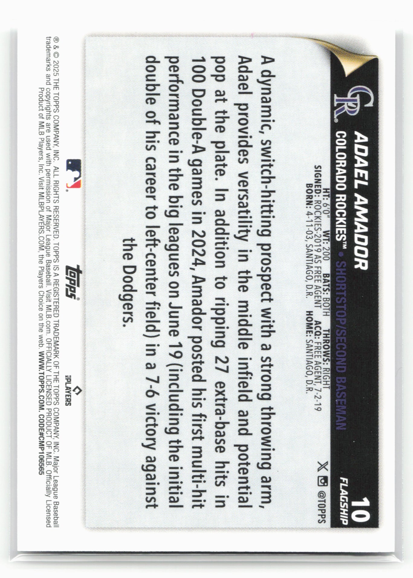 2025 Topps #10 Adael Amador Flagship Collection (Series One)