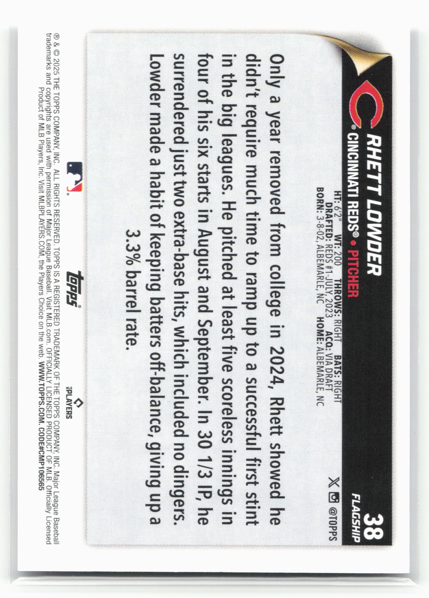 2025 Topps #38 Rhett Lowder Flagship Collection (Series One)
