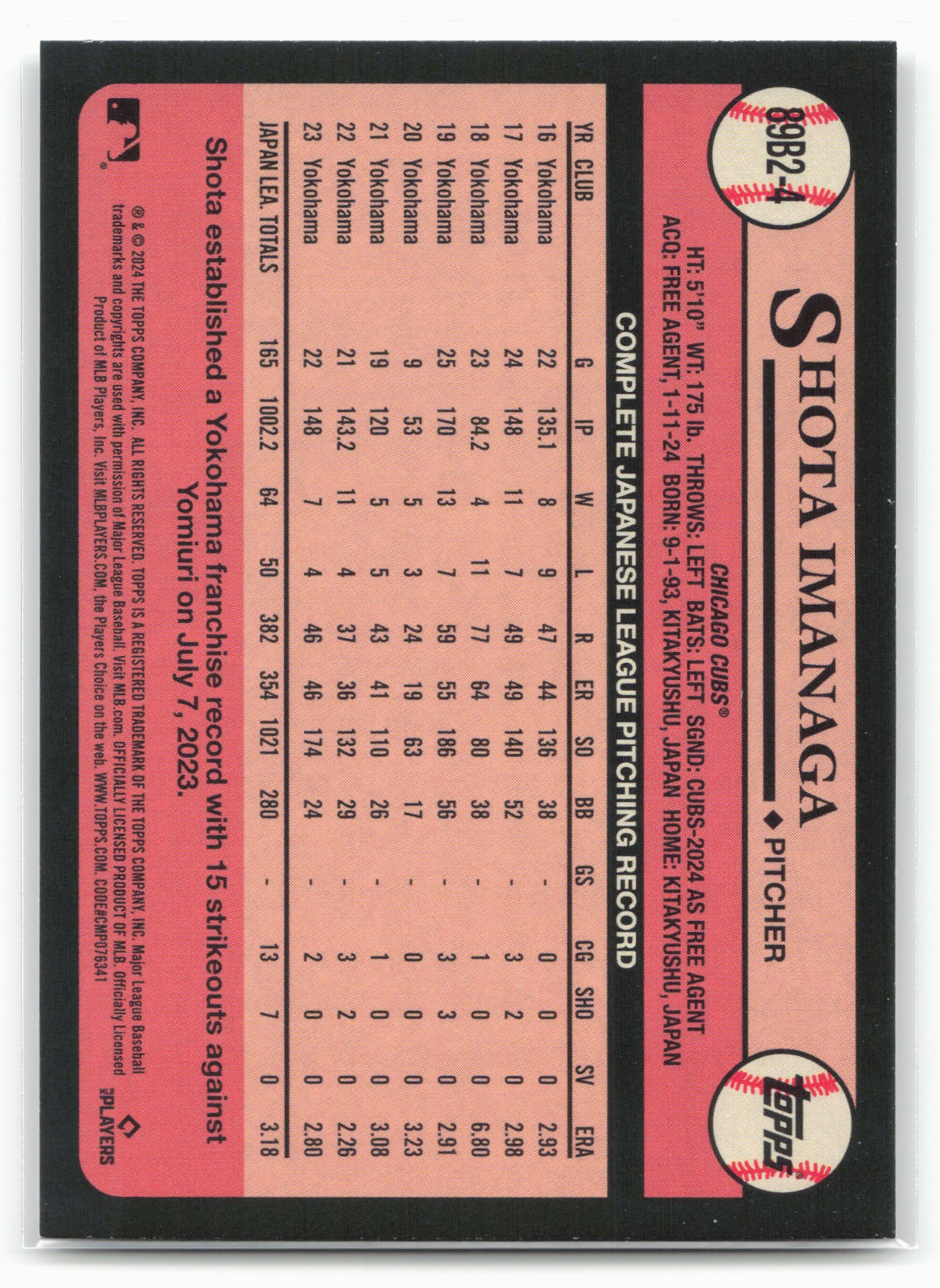 2024 Topps #89B2-4 Shota Imanaga 1989 Topps Baseball 35th Anniversary