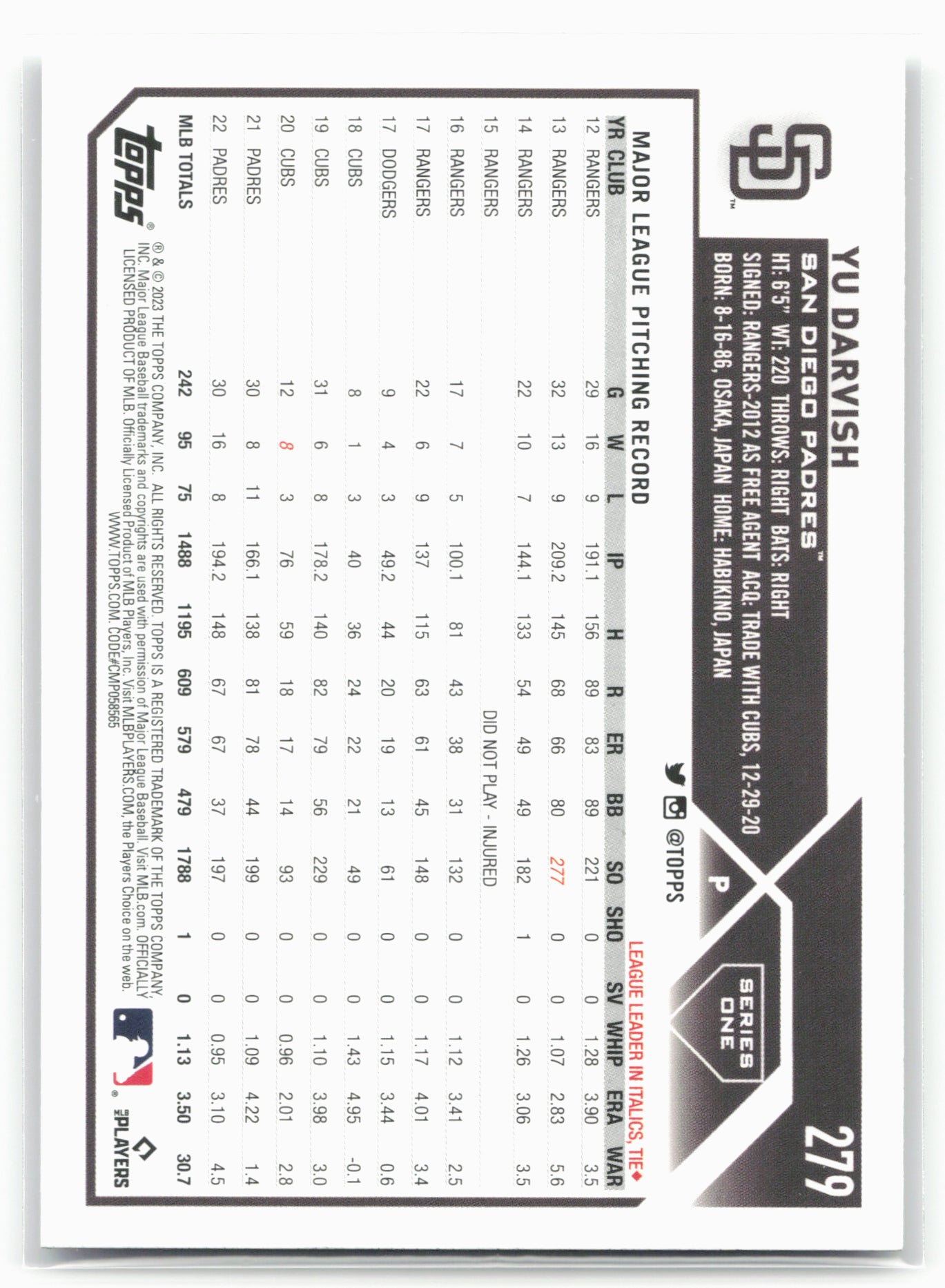 2023 Topps #279 Yu Darvish Rainbow Foil