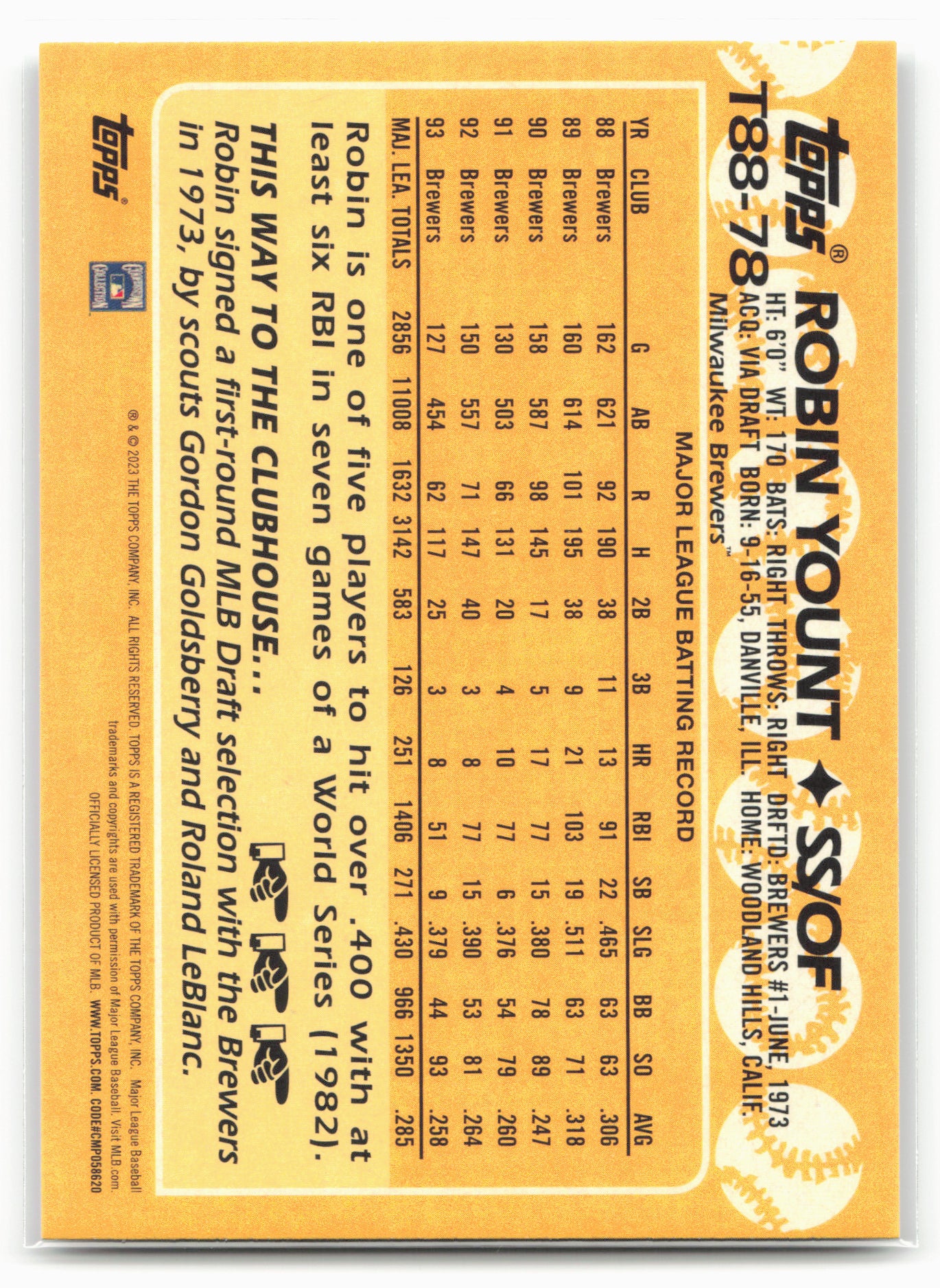 2023 Topps #T88-78 Robin Yount 1988 Topps Baseball 35th Anniversary (Series One)