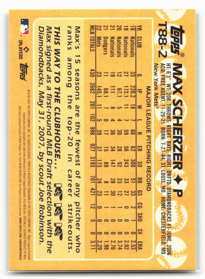 2023 Topps #T88-2 Max Scherzer 1988 Topps Baseball 35th Anniversary (Series One)