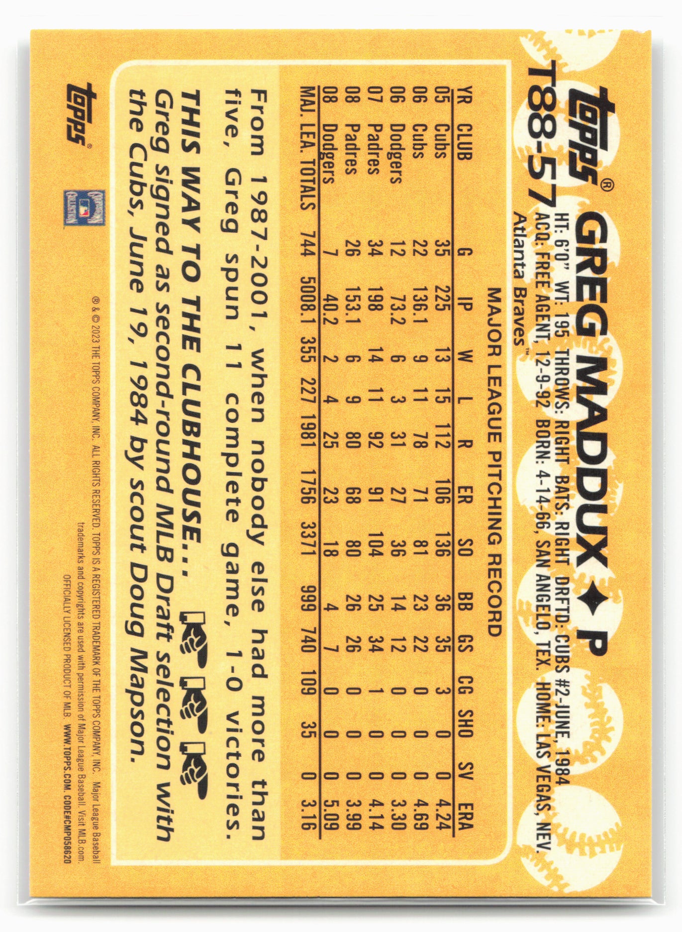 2023 Topps #T88-57 Greg Maddux 1988 Topps Baseball 35th Anniversary (Series One)
