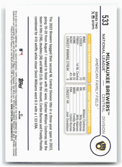 2024 Topps #533 Milwaukee Brewers Rainbow Foil