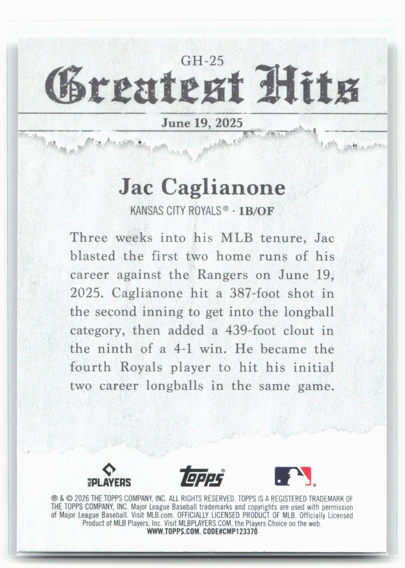 2026 Topps #GH-25 Jac Caglianone 2025 Greatest Hits