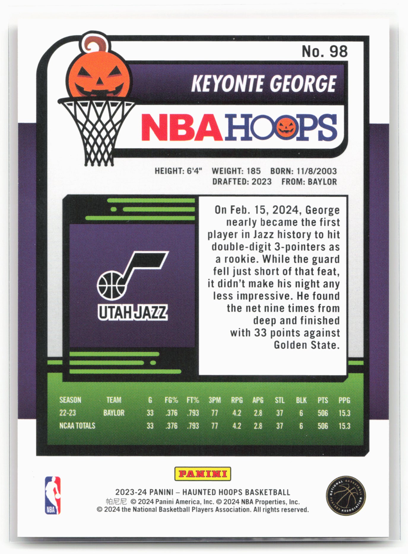 2023-24 Hoops Haunted Hoops #98 Keyonte George Orange 28314