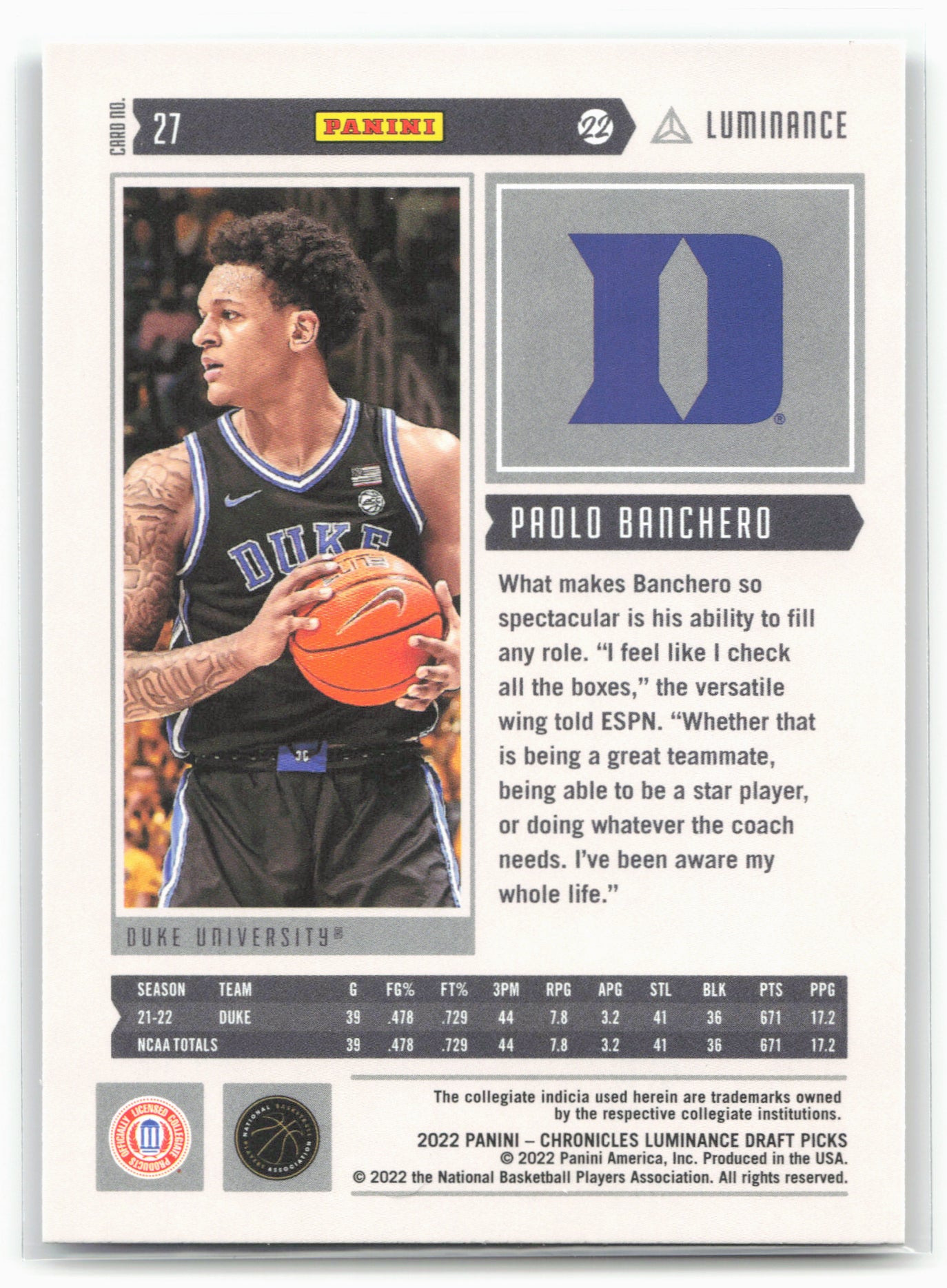 2022 Panini Chronicles Draft Picks #27 Paolo Banchero Luminance Pink