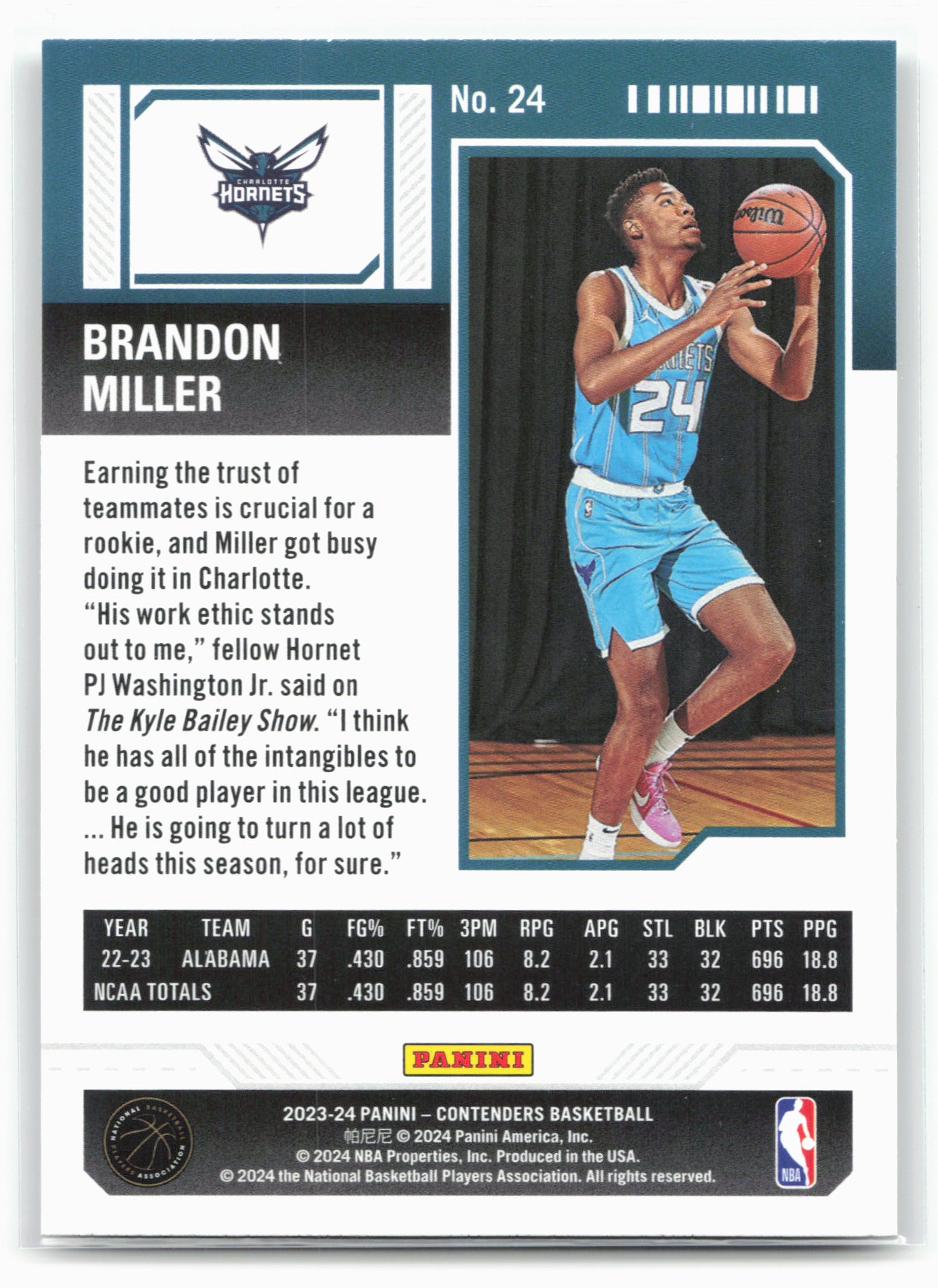 2023-24 Panini Contenders #24 Brandon Miller Season Ticket Retail 28364
